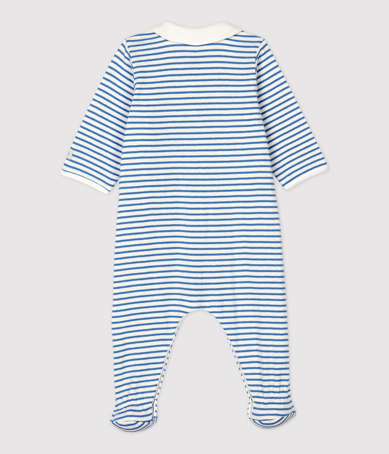 Babies' Blue Stripy Organic Cotton Sleepsuit with Collar MARSHMALLOW white/ALASKA blue
